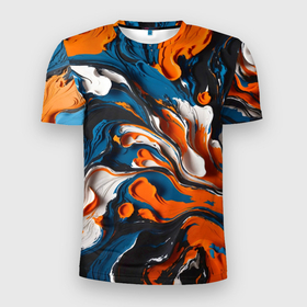 Мужская футболка 3D Slim с принтом Акриловые краски   оранжевые в Новосибирске, 100% полиэстер с улучшенными характеристиками | приталенный силуэт, круглая горловина, широкие плечи, сужается к линии бедра | 