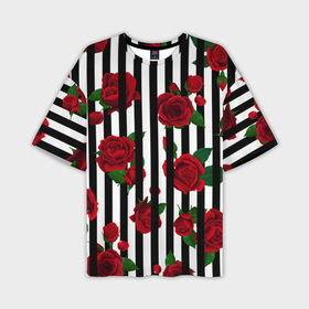 Мужская футболка oversize 3D с принтом Полосы и красные розы в Курске,  |  | Тематика изображения на принте: 