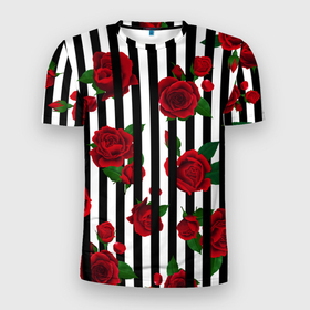 Мужская футболка 3D Slim с принтом Полосы и красные розы в Курске, 100% полиэстер с улучшенными характеристиками | приталенный силуэт, круглая горловина, широкие плечи, сужается к линии бедра | Тематика изображения на принте: 