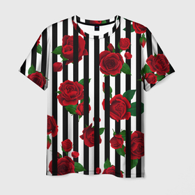 Мужская футболка 3D с принтом Полосы и красные розы в Курске, 100% полиэфир | прямой крой, круглый вырез горловины, длина до линии бедер | Тематика изображения на принте: 
