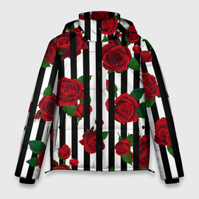 Мужская зимняя куртка 3D с принтом Полосы и красные розы в Тюмени, верх — 100% полиэстер; подкладка — 100% полиэстер; утеплитель — 100% полиэстер | длина ниже бедра, свободный силуэт Оверсайз. Есть воротник-стойка, отстегивающийся капюшон и ветрозащитная планка. 

Боковые карманы с листочкой на кнопках и внутренний карман на молнии. | Тематика изображения на принте: 