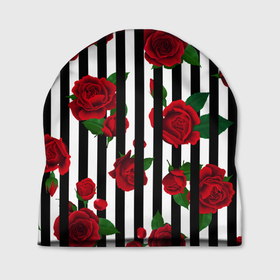Шапка 3D с принтом Полосы и красные розы в Тюмени, 100% полиэстер | универсальный размер, печать по всей поверхности изделия | Тематика изображения на принте: 