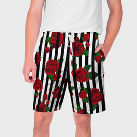 Мужские шорты 3D с принтом Полосы и красные розы ,  полиэстер 100% | прямой крой, два кармана без застежек по бокам. Мягкая трикотажная резинка на поясе, внутри которой широкие завязки. Длина чуть выше колен | Тематика изображения на принте: 