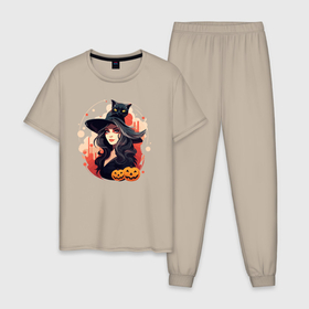 Мужская пижама хлопок с принтом Ведьмочка и черный кот в Курске, 100% хлопок | брюки и футболка прямого кроя, без карманов, на брюках мягкая резинка на поясе и по низу штанин
 | 