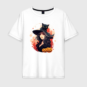 Мужская футболка хлопок Oversize с принтом Ведьмочка и черный кот в Курске, 100% хлопок | свободный крой, круглый ворот, “спинка” длиннее передней части | 