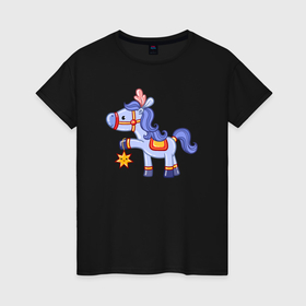 Женская футболка хлопок с принтом Голубая лошадка в Курске, 100% хлопок | прямой крой, круглый вырез горловины, длина до линии бедер, слегка спущенное плечо | 