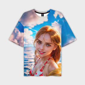 Мужская футболка oversize 3D с принтом Девушка в красно белом купальнике на море в Курске,  |  | Тематика изображения на принте: 