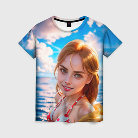Женская футболка 3D с принтом Девушка в красно белом купальнике на море в Екатеринбурге, 100% полиэфир ( синтетическое хлопкоподобное полотно) | прямой крой, круглый вырез горловины, длина до линии бедер | 