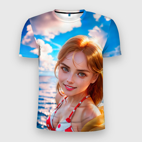 Мужская футболка 3D Slim с принтом Девушка в красно белом купальнике на море в Санкт-Петербурге, 100% полиэстер с улучшенными характеристиками | приталенный силуэт, круглая горловина, широкие плечи, сужается к линии бедра | Тематика изображения на принте: 