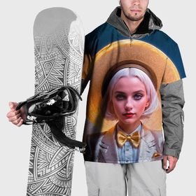 Накидка на куртку 3D с принтом Девушка с белыми волосами в шляпе и бабочке в Белгороде, 100% полиэстер |  | Тематика изображения на принте: 