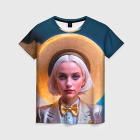 Женская футболка 3D с принтом Девушка с белыми волосами в шляпе и бабочке в Белгороде, 100% полиэфир ( синтетическое хлопкоподобное полотно) | прямой крой, круглый вырез горловины, длина до линии бедер | 