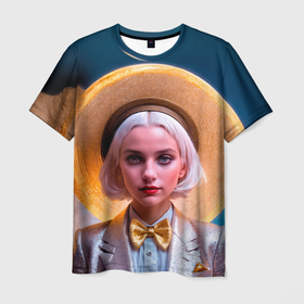 Мужская футболка 3D с принтом Девушка с белыми волосами в шляпе и бабочке в Кировске, 100% полиэфир | прямой крой, круглый вырез горловины, длина до линии бедер | 