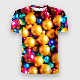 Мужская футболка 3D Slim с принтом Шоколадные шарики в перламутровой глазури в Санкт-Петербурге, 100% полиэстер с улучшенными характеристиками | приталенный силуэт, круглая горловина, широкие плечи, сужается к линии бедра | 