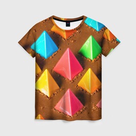 Женская футболка 3D с принтом Карамельные пирамиды на шоколадном поле , 100% полиэфир ( синтетическое хлопкоподобное полотно) | прямой крой, круглый вырез горловины, длина до линии бедер | 