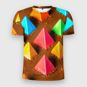 Мужская футболка 3D Slim с принтом Карамельные пирамиды на шоколадном поле в Курске, 100% полиэстер с улучшенными характеристиками | приталенный силуэт, круглая горловина, широкие плечи, сужается к линии бедра | 