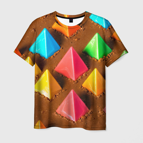 Мужская футболка 3D с принтом Карамельные пирамиды на шоколадном поле в Тюмени, 100% полиэфир | прямой крой, круглый вырез горловины, длина до линии бедер | 