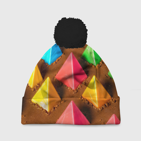 Шапка 3D c помпоном с принтом Карамельные пирамиды на шоколадном поле в Санкт-Петербурге, 100% полиэстер | универсальный размер, печать по всей поверхности изделия | 