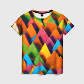 Женская футболка 3D с принтом Разноцветные шоколадные пирамиды , 100% полиэфир ( синтетическое хлопкоподобное полотно) | прямой крой, круглый вырез горловины, длина до линии бедер | 
