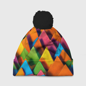Шапка 3D c помпоном с принтом Разноцветные шоколадные пирамиды в Тюмени, 100% полиэстер | универсальный размер, печать по всей поверхности изделия | 
