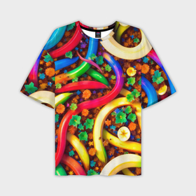 Мужская футболка oversize 3D с принтом Разноцветные бананы на шоколадной подложке в Тюмени,  |  | Тематика изображения на принте: 