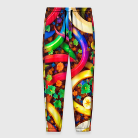 Мужские брюки 3D с принтом Разноцветные бананы на шоколадной подложке в Петрозаводске, 100% полиэстер | манжеты по низу, эластичный пояс регулируется шнурком, по бокам два кармана без застежек, внутренняя часть кармана из мелкой сетки | 