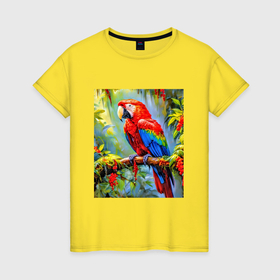 Женская футболка хлопок с принтом Яркий красный ара , 100% хлопок | прямой крой, круглый вырез горловины, длина до линии бедер, слегка спущенное плечо | 