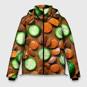 Мужская зимняя куртка 3D с принтом Огуречные дольки в шоколаде в Тюмени, верх — 100% полиэстер; подкладка — 100% полиэстер; утеплитель — 100% полиэстер | длина ниже бедра, свободный силуэт Оверсайз. Есть воротник-стойка, отстегивающийся капюшон и ветрозащитная планка. 

Боковые карманы с листочкой на кнопках и внутренний карман на молнии. | 
