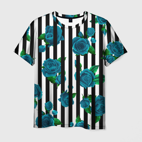 Мужская футболка 3D с принтом Полосы и бирюзовые розы в Санкт-Петербурге, 100% полиэфир | прямой крой, круглый вырез горловины, длина до линии бедер | 