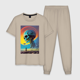 Мужская пижама хлопок с принтом Cyber skull   fantasy в Белгороде, 100% хлопок | брюки и футболка прямого кроя, без карманов, на брюках мягкая резинка на поясе и по низу штанин
 | 