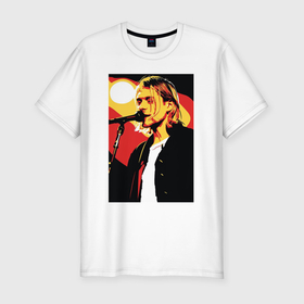 Мужская футболка хлопок Slim с принтом Курт Кобейн с микрофоном в Тюмени, 92% хлопок, 8% лайкра | приталенный силуэт, круглый вырез ворота, длина до линии бедра, короткий рукав | 