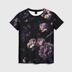 Женская футболка 3D с принтом Цветы приглушенный чёрный в Тюмени, 100% полиэфир ( синтетическое хлопкоподобное полотно) | прямой крой, круглый вырез горловины, длина до линии бедер | 