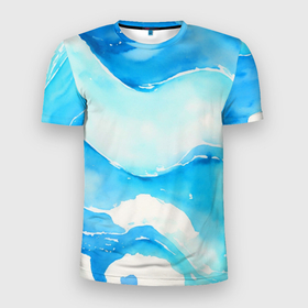 Мужская футболка 3D Slim с принтом Течение моря акварель в Новосибирске, 100% полиэстер с улучшенными характеристиками | приталенный силуэт, круглая горловина, широкие плечи, сужается к линии бедра | 