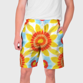 Мужские шорты 3D с принтом Цветы из солнца в Санкт-Петербурге,  полиэстер 100% | прямой крой, два кармана без застежек по бокам. Мягкая трикотажная резинка на поясе, внутри которой широкие завязки. Длина чуть выше колен | 
