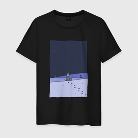 Мужская футболка хлопок с принтом Dogs in winter night в Тюмени, 100% хлопок | прямой крой, круглый вырез горловины, длина до линии бедер, слегка спущенное плечо. | Тематика изображения на принте: 