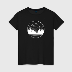 Женская футболка хлопок с принтом Горы и лес минимализм в Курске, 100% хлопок | прямой крой, круглый вырез горловины, длина до линии бедер, слегка спущенное плечо | 