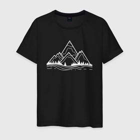 Мужская футболка хлопок с принтом Лес и горы в Екатеринбурге, 100% хлопок | прямой крой, круглый вырез горловины, длина до линии бедер, слегка спущенное плечо. | 