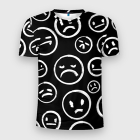 Мужская футболка 3D Slim с принтом Грустные черно белые смайлики в Санкт-Петербурге, 100% полиэстер с улучшенными характеристиками | приталенный силуэт, круглая горловина, широкие плечи, сужается к линии бедра | Тематика изображения на принте: 