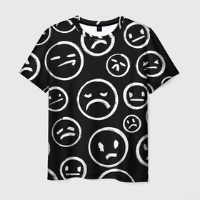 Мужская футболка 3D с принтом Грустные черно белые смайлики в Белгороде, 100% полиэфир | прямой крой, круглый вырез горловины, длина до линии бедер | 
