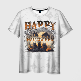 Мужская футболка 3D с принтом С котиками на хэллоуин в Курске, 100% полиэфир | прямой крой, круглый вырез горловины, длина до линии бедер | 