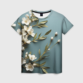 Женская футболка 3D с принтом Цветы жасмина в Тюмени, 100% полиэфир ( синтетическое хлопкоподобное полотно) | прямой крой, круглый вырез горловины, длина до линии бедер | 