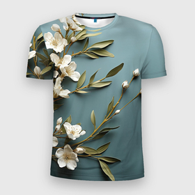 Мужская футболка 3D Slim с принтом Цветы жасмина в Санкт-Петербурге, 100% полиэстер с улучшенными характеристиками | приталенный силуэт, круглая горловина, широкие плечи, сужается к линии бедра | Тематика изображения на принте: 