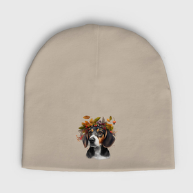 Мужская шапка демисезонная с принтом Бигль черный с венком из осенних листьев в Белгороде,  |  | Тематика изображения на принте: 