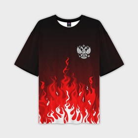 Мужская футболка oversize 3D с принтом Герб РФ   красное пламя в Курске,  |  | 