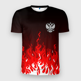 Мужская футболка 3D Slim с принтом Герб РФ   красное пламя в Курске, 100% полиэстер с улучшенными характеристиками | приталенный силуэт, круглая горловина, широкие плечи, сужается к линии бедра | 
