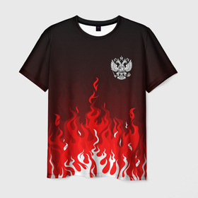 Мужская футболка 3D с принтом Герб РФ   красное пламя в Курске, 100% полиэфир | прямой крой, круглый вырез горловины, длина до линии бедер | 