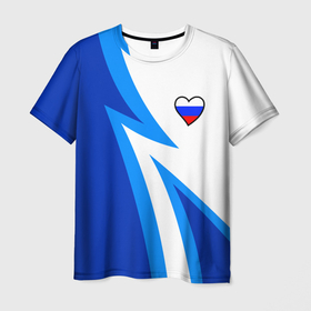 Мужская футболка 3D с принтом Флаг России в сердечке   синий , 100% полиэфир | прямой крой, круглый вырез горловины, длина до линии бедер | 