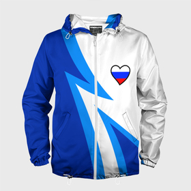 Мужская ветровка 3D с принтом Флаг России в сердечке   синий в Петрозаводске, 100% полиэстер | подол и капюшон оформлены резинкой с фиксаторами, два кармана без застежек по бокам, один потайной карман на груди | 