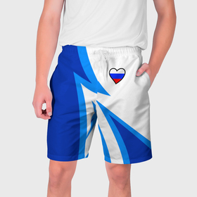 Мужские шорты 3D с принтом Флаг России в сердечке   синий в Кировске,  полиэстер 100% | прямой крой, два кармана без застежек по бокам. Мягкая трикотажная резинка на поясе, внутри которой широкие завязки. Длина чуть выше колен | 