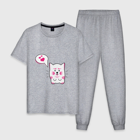 Мужская пижама хлопок с принтом Милый котик с сердечками в Тюмени, 100% хлопок | брюки и футболка прямого кроя, без карманов, на брюках мягкая резинка на поясе и по низу штанин
 | 