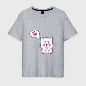 Мужская футболка хлопок Oversize с принтом Милый котик с сердечками в Санкт-Петербурге, 100% хлопок | свободный крой, круглый ворот, “спинка” длиннее передней части | 